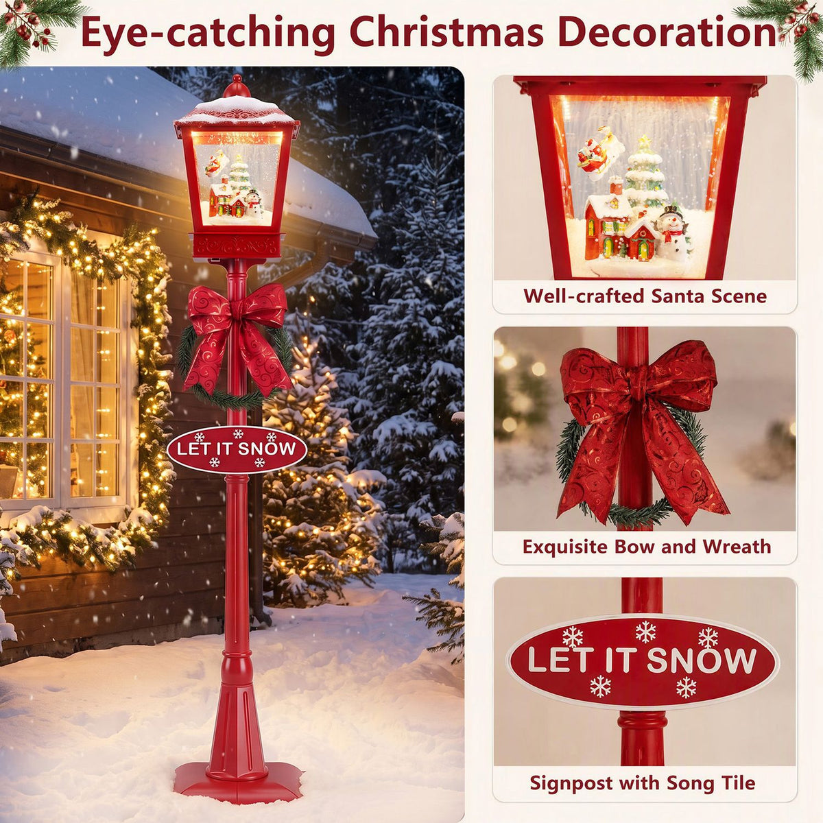 6.1 ft Musical Christmas Streetlight with LED Lights for Home Yard Porch-Red