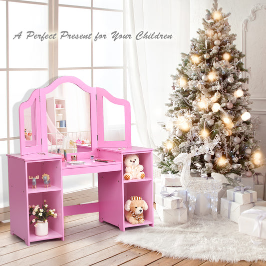 Kids Tri Folding Mirror Makeup Dressing Vanity Table Set