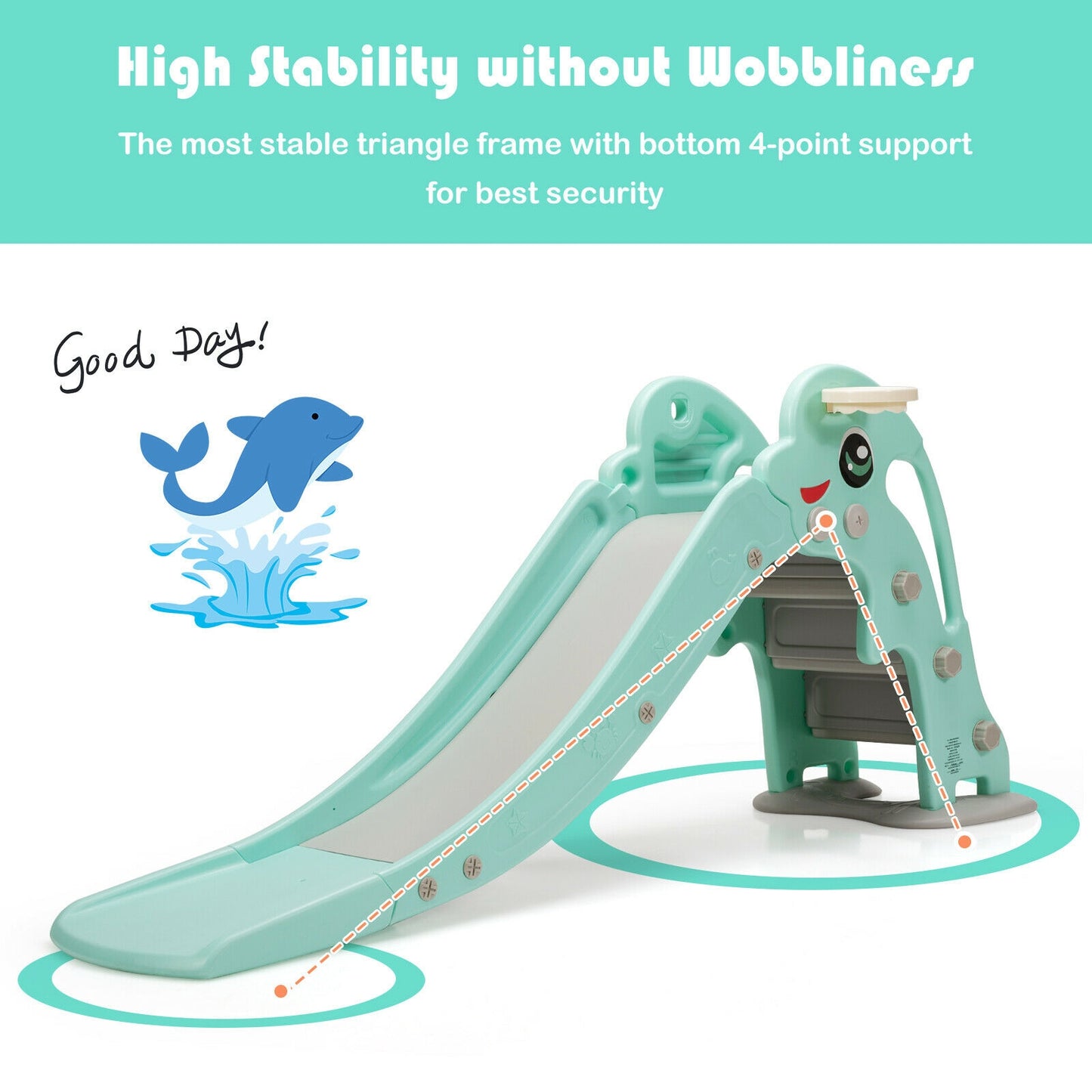 3-in-1 Kids Climber Slide Play Set with Basketball Hoop and Ball-Green