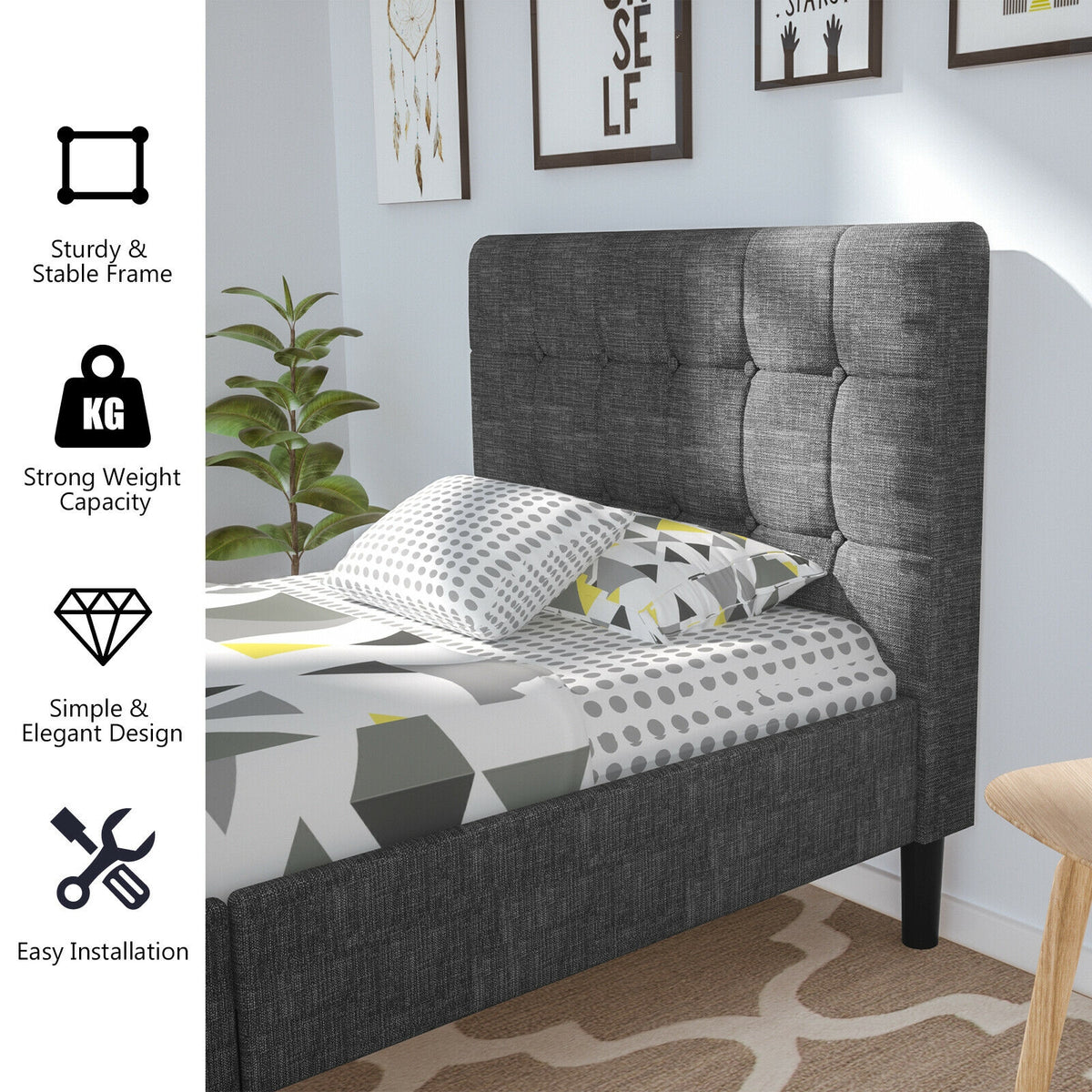 Platform Bed with Button Tufted Headboard-Gray - Gray