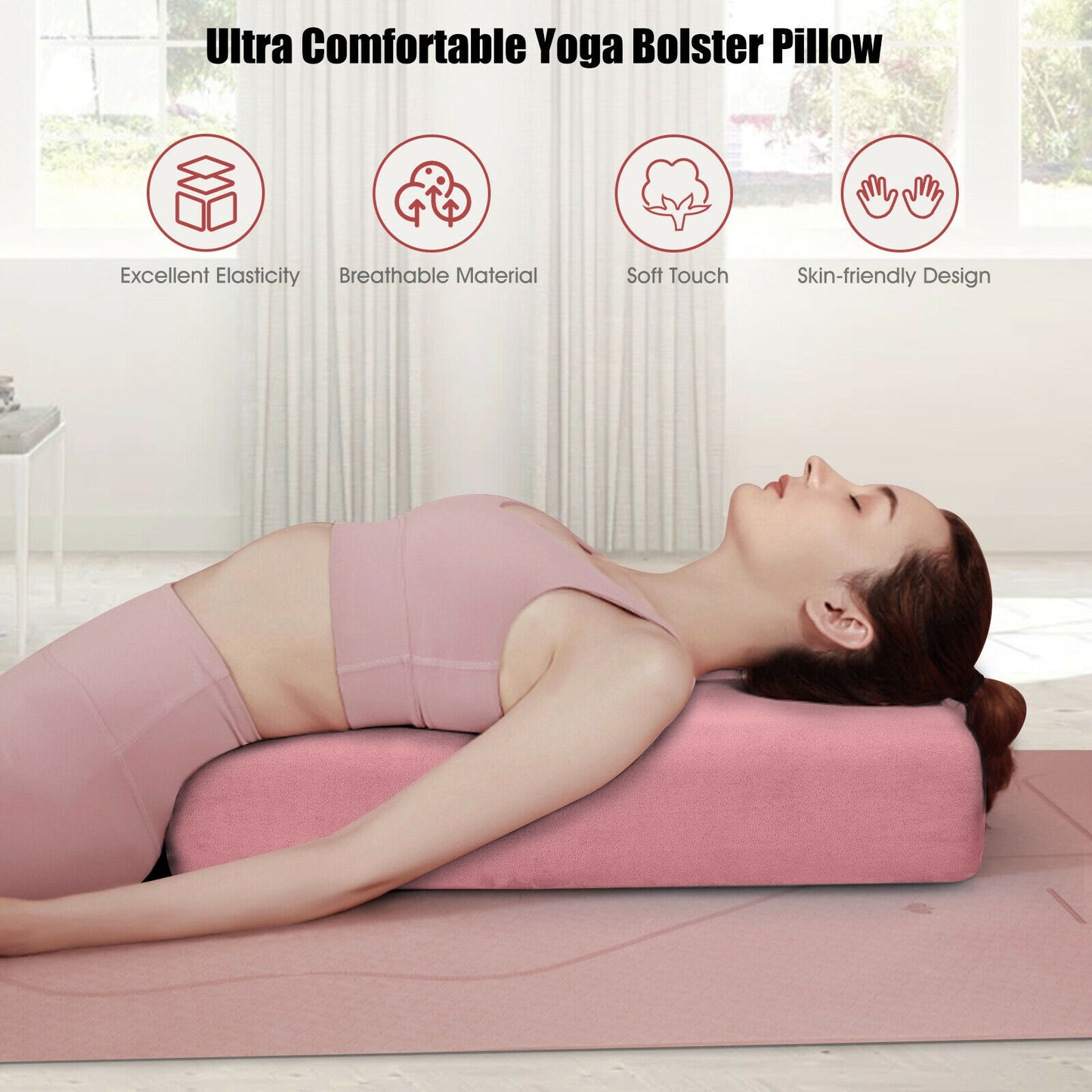 Yoga Bolster Pillow with Washable Cover and Carry Handle-Green - Pink