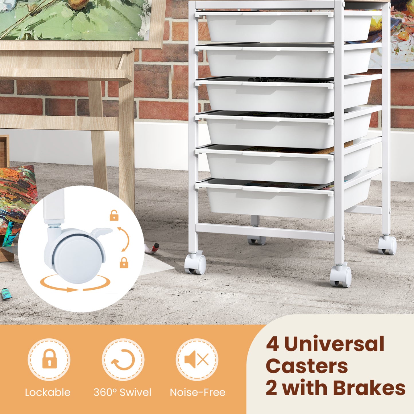 6-Drawer Rolling Storage Cart with Wooden Tabletop-White