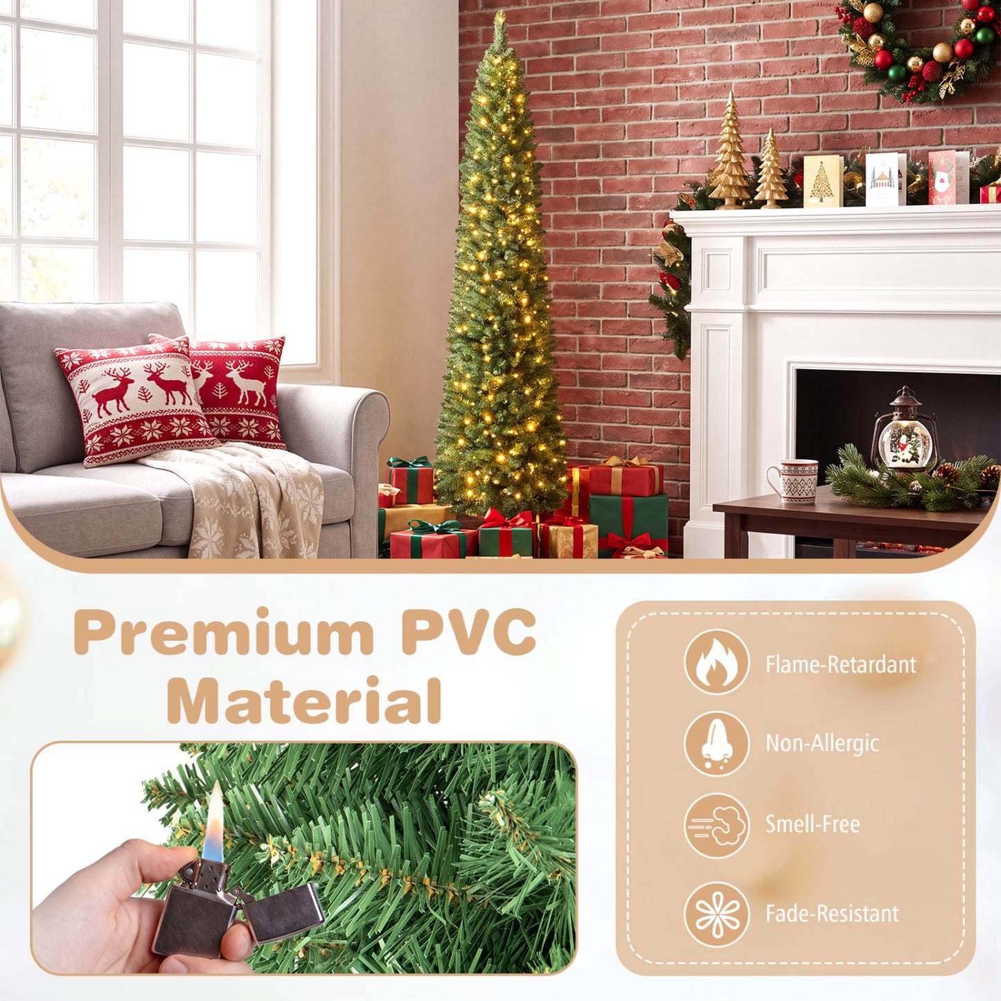 6 FT Pre-Lit Pencil Christmas Tree with 180 Warm White LEDs