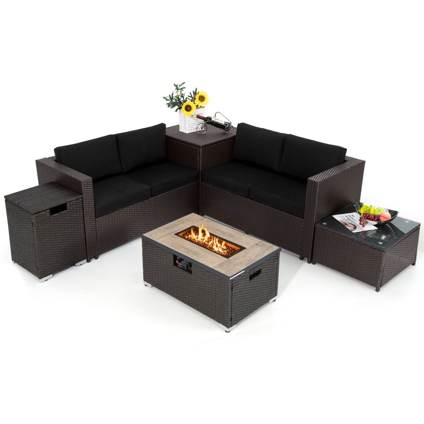 6 Pieces Outdoor Wicker Furniture Set with 32 Inch Propane Fire Pit Table-Beige - Black
