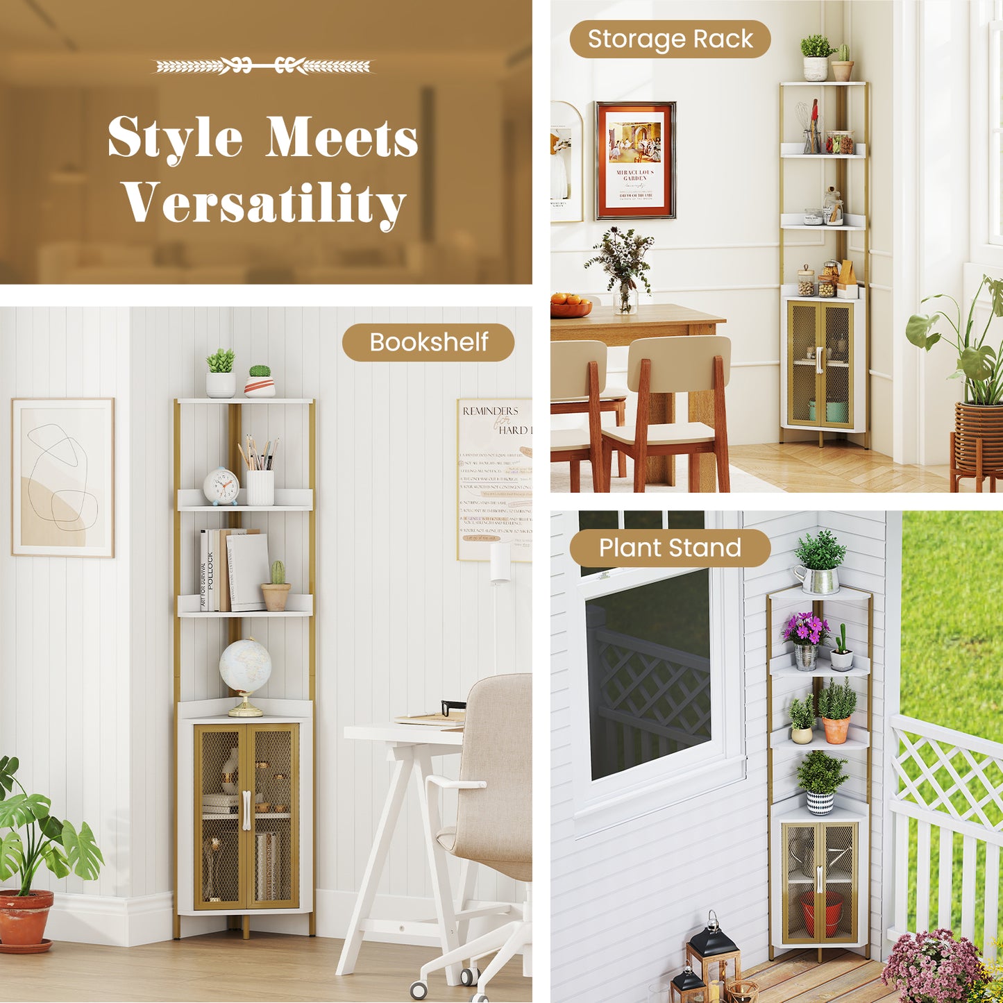 6-Tier Corner Shelf 67 Inches Tall Corner Bookshelf with Cabinet Industrial Bookcase-White