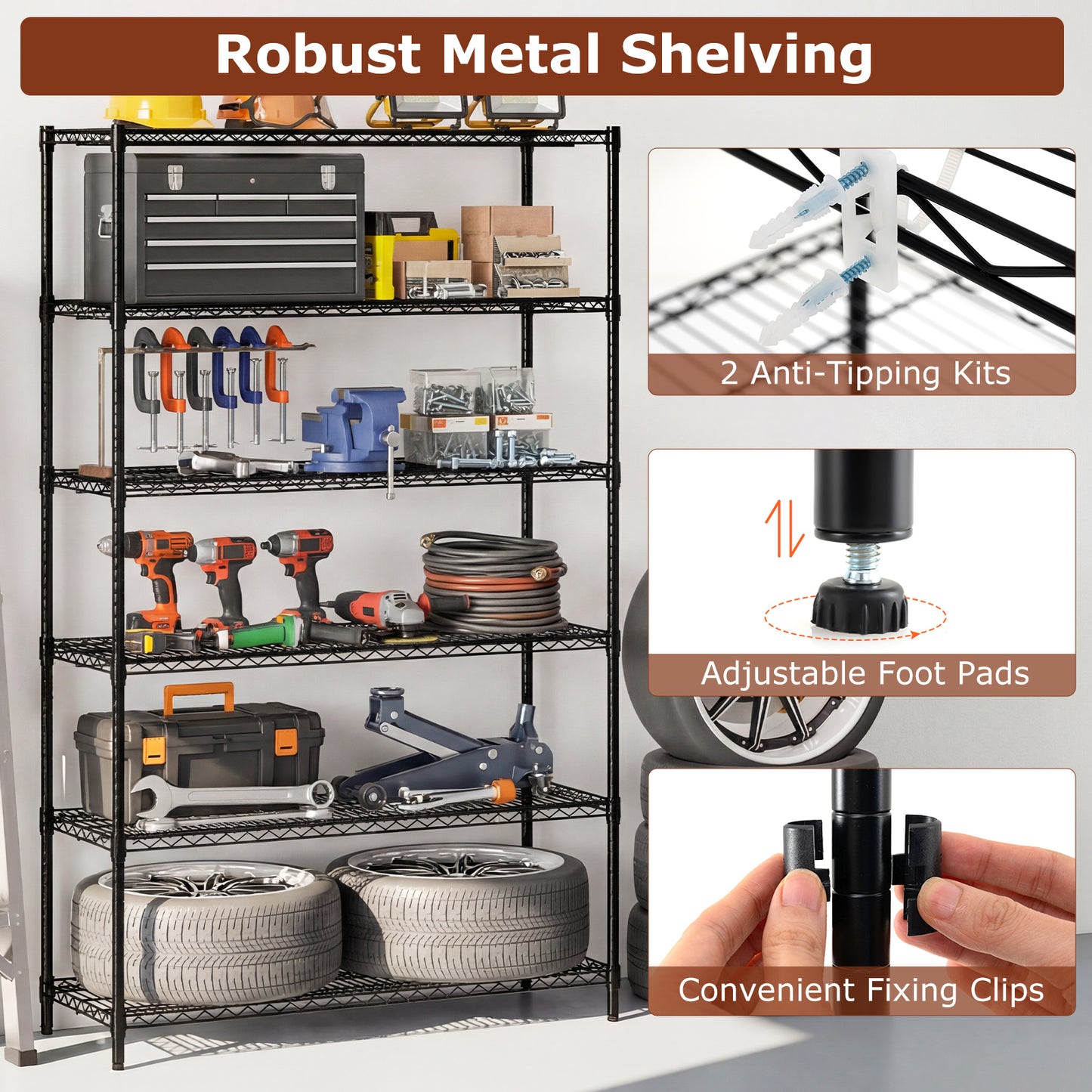 6-Tier Metal Storage Shelving Unit Set of 2 Adjustable Utility Shelf with V-Shaped Wire Rack-Black