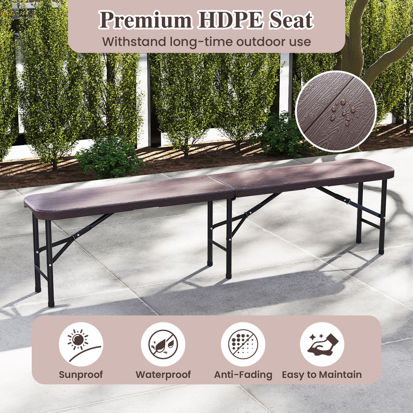 6 Feet Folding HDPE Bench with 1320 LBS Capacity and Handle Lock