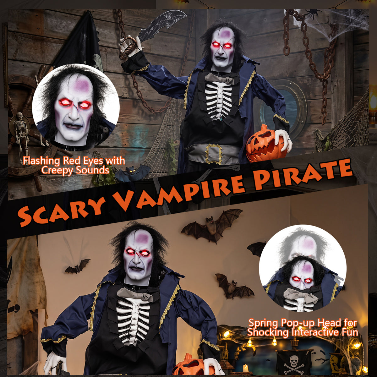 Animated Halloween Vampire Pirate Decoration 6 ft Pop-Up Head