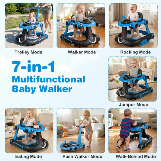 6-in-1 Baby Walker with Canopy Portable Activity Center Bouncer Rocker Combo with Music-Blue