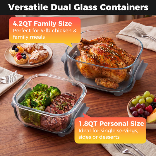 6-in-1 Portable Glass Air Fryer 1500W Dual Containers with Lids Dishwasher Safe