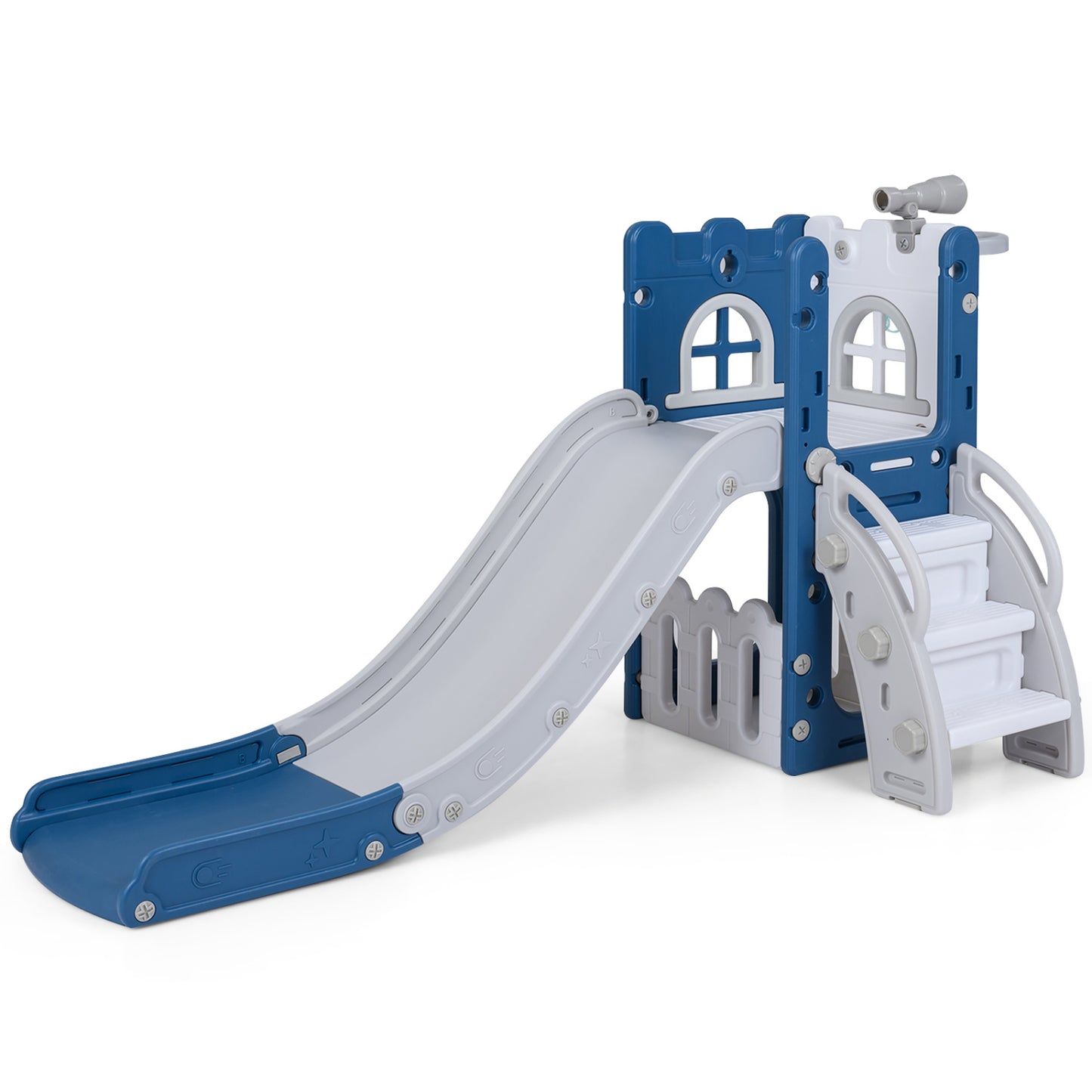 6-in-1 Toddler Slide L-shaped Playground with Basketball Hoop and Ladder-Yellow - Blue
