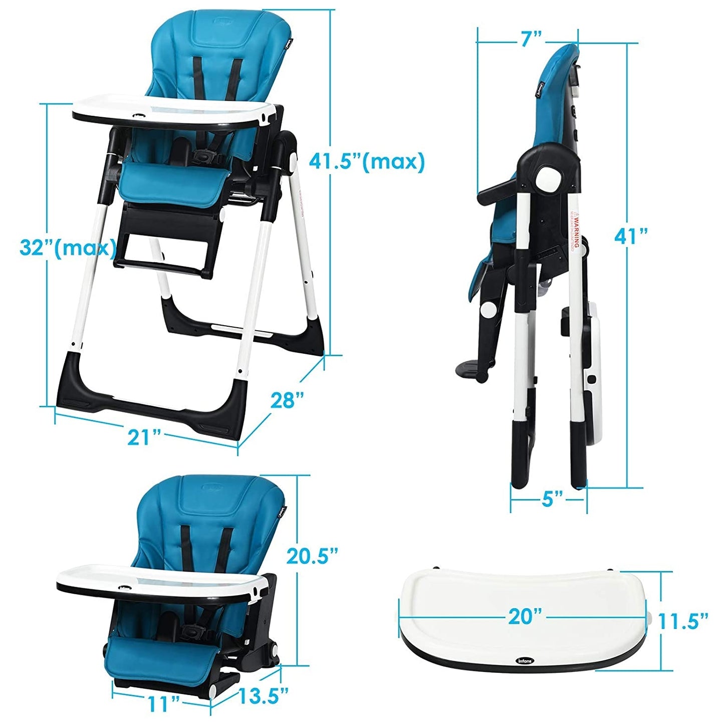4-in-1 High Chair–Booster Seat with Adjustable Height and Recline-Navy - Navy
