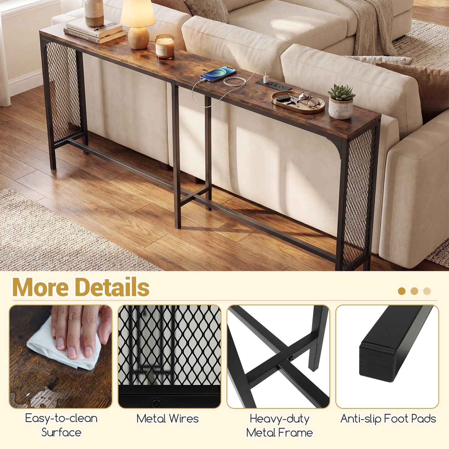 71 Inch Narrow Console Table with Power Outlet for Small Space-Rustic Brown
