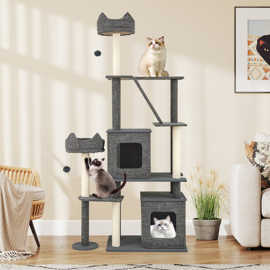 71 Inch Tall Cat Tree Multi-Level Large Cat Tower with Scratching Posts-Grey