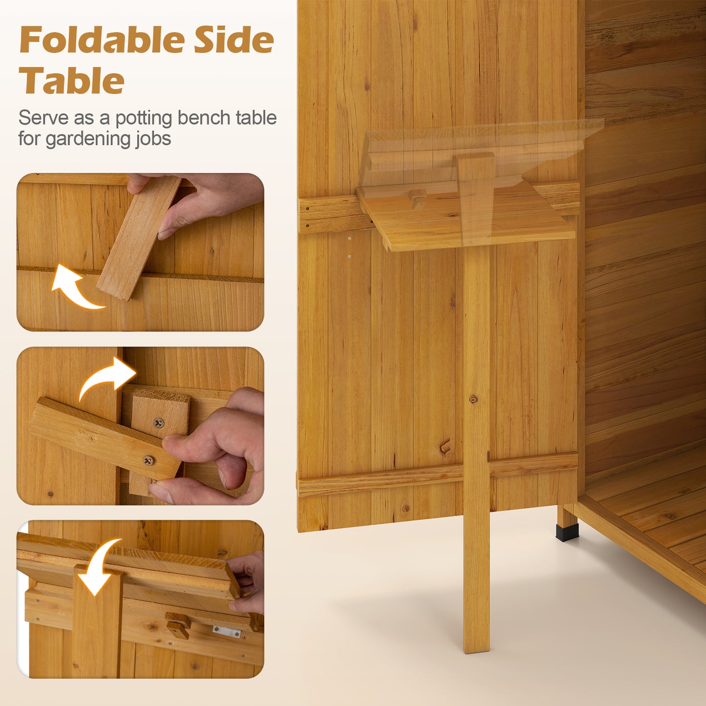 71 Inch Tall Garden Tool Storage Cabinet with Lockable Doors and Foldable Table-Natural