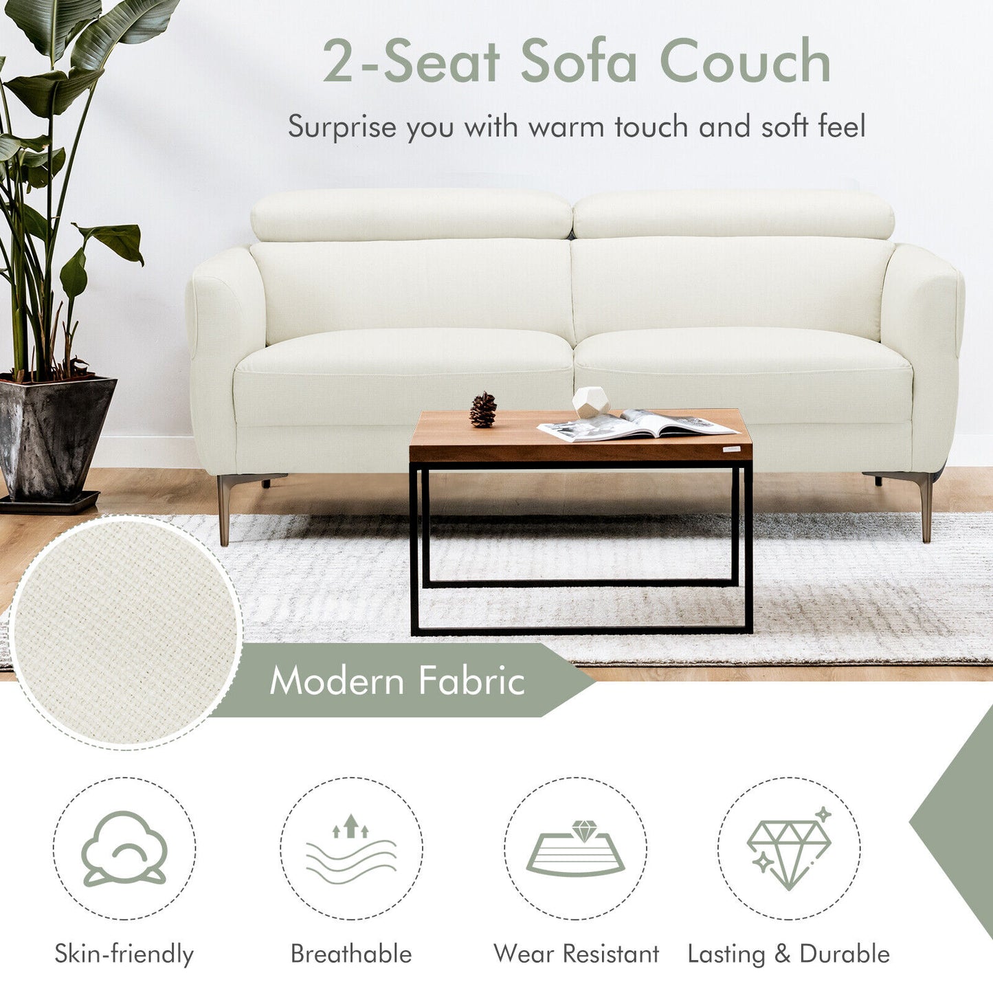 72.5 Inch Modern Fabric Loveseat Sofa Couch with Adjustable Headrest-White