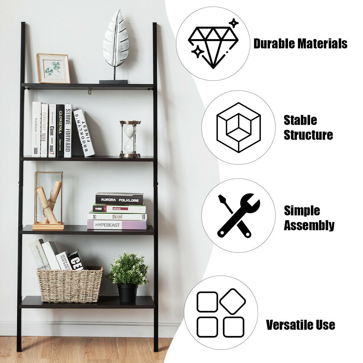 4-Tier Industrial Leaning Wall Bookcase-Black