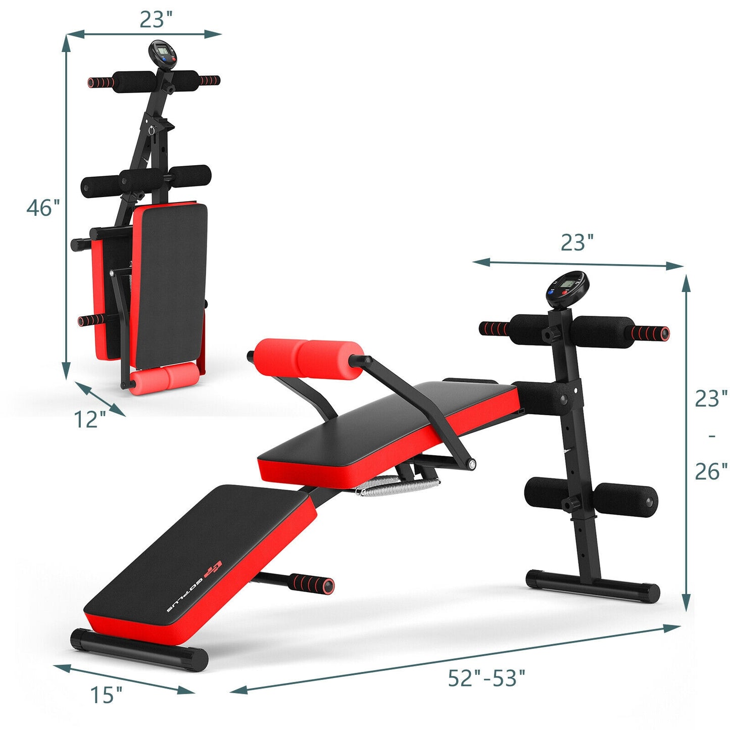 Adjustable Sit Up Bench with LCD Monitor-Red - Red