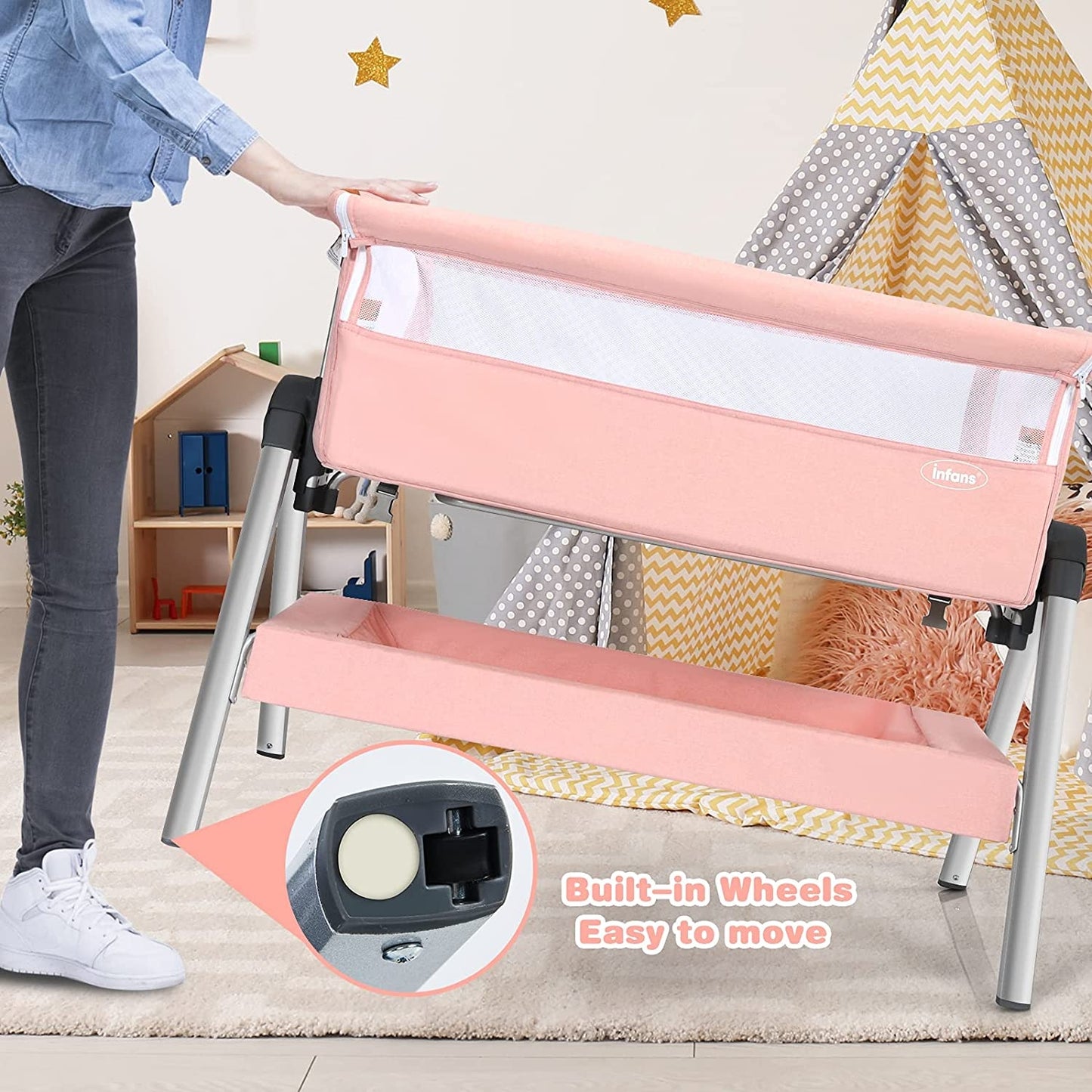 Portable Baby Bedside Sleeper with Adjustable Heights and Angle - Pink