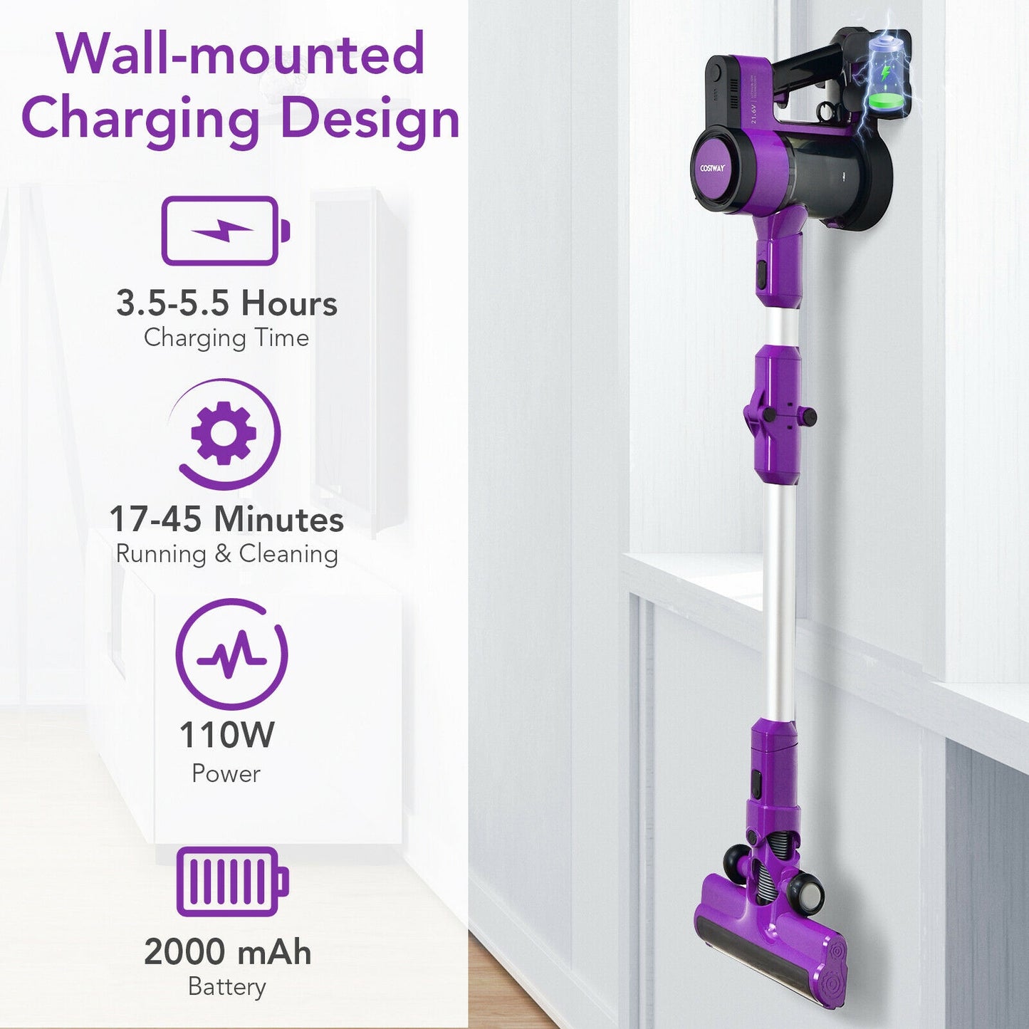 3-in-1 Handheld Cordless Stick Vacuum Cleaner with 6-cell Lithium Battery-Purple