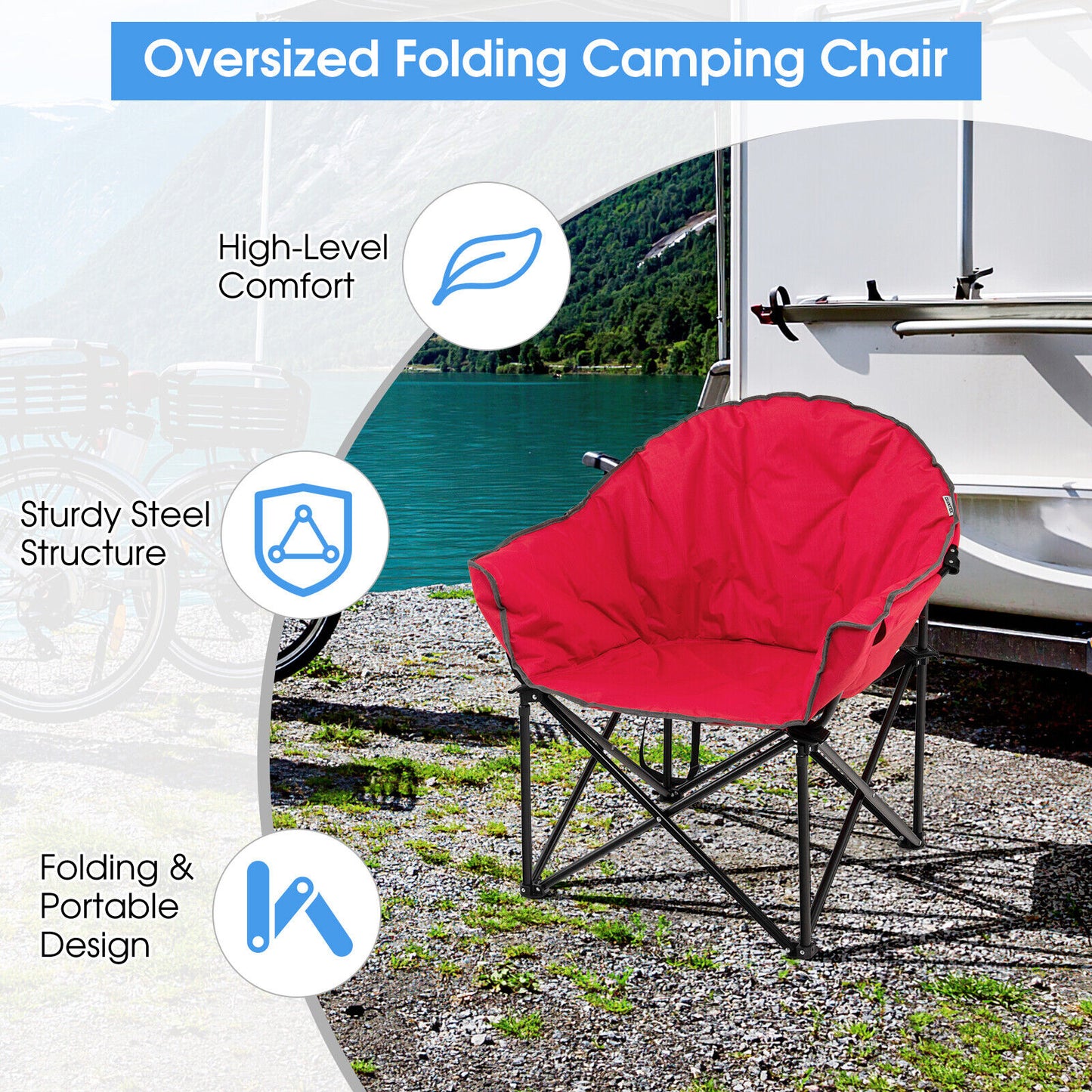 Folding Camping Moon Padded Chair with Carrying Bag-Brown - Red