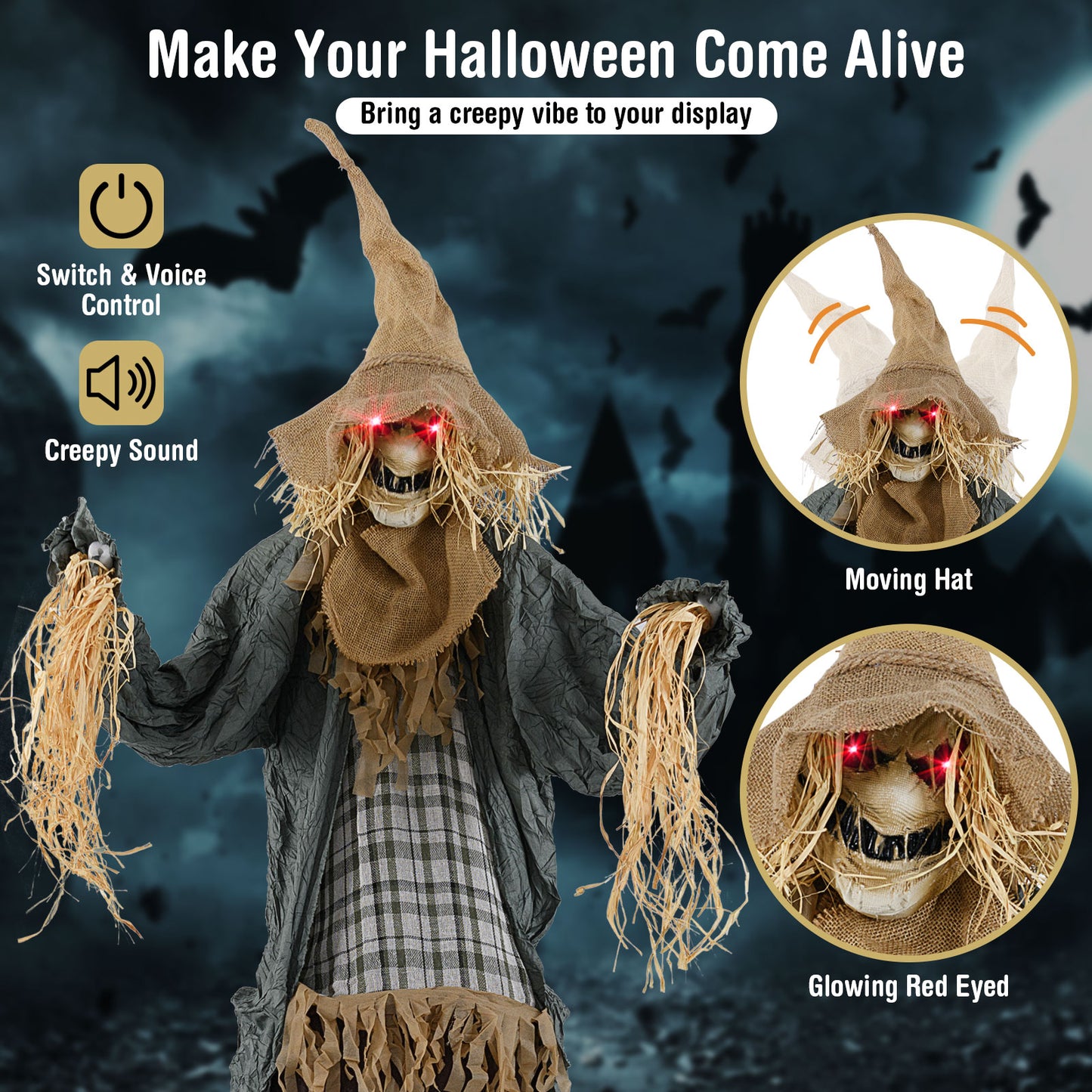 7 FT Halloween Decoration Animated Standing Scary Scarecrow with Light-up Eyes for Hunted Houses