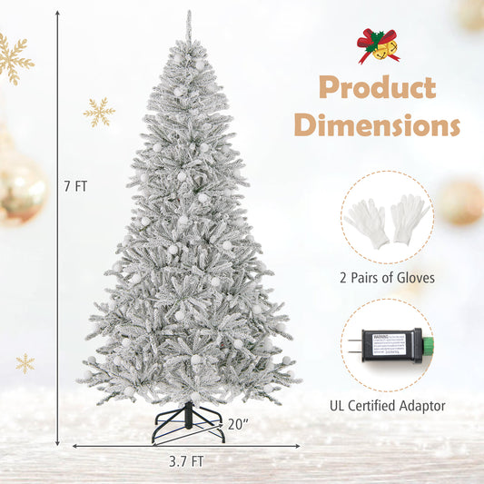 7 Feet Snow-flocked Artificial Christmas Tree Pre-lit Hinged with 81 Sphere Lights and Remote-7ft