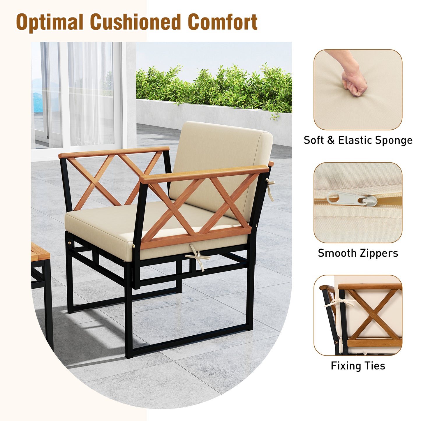 7 Piece Outdoor Conversation Set with Cushions and Bungee Rope Seat-Beige