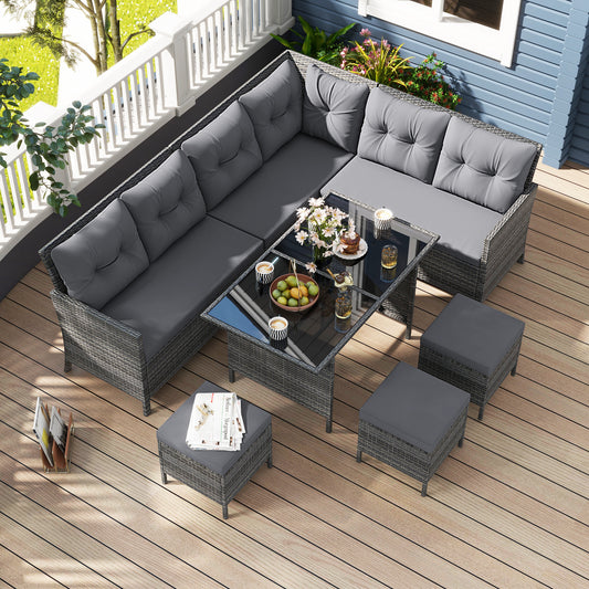 7 Pieces Patio Dining Furniture Set with Soft Cushions and Ottomans-Gray