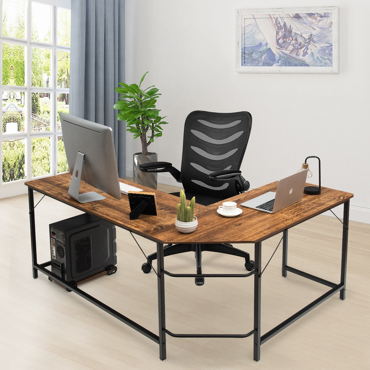 L Shaped Corner Computer Desk Laptop Gaming Table Workstation-Brown