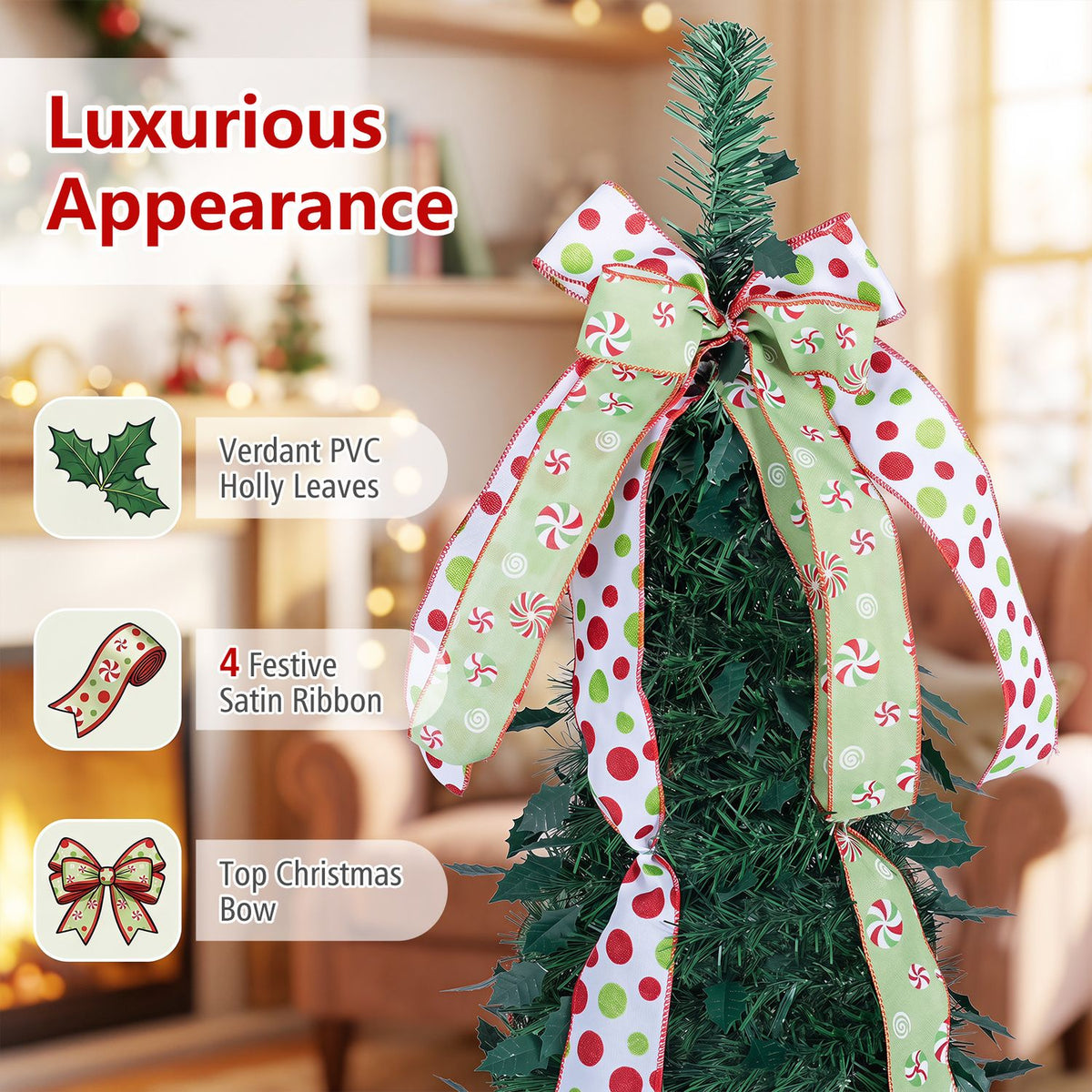 6 ft Pop Up Christmas Tree with PVC Holly Leaves 4 Festive Satin Ribbons and Top Christmas Bow