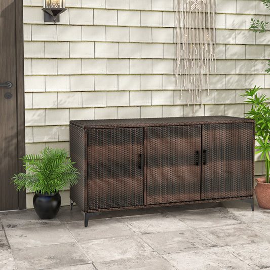84 Gallon Patio Wicker Deck Box 3-Door PE Rattan Storage Container with Removable Shelves