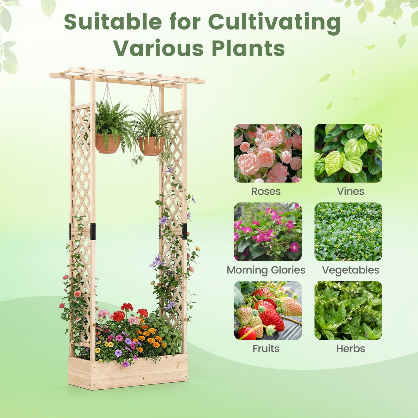 89 Inch Tall Wooden Raised Garden Bed with Side Trellis and Hanging Roof Drainage Holes-Natural