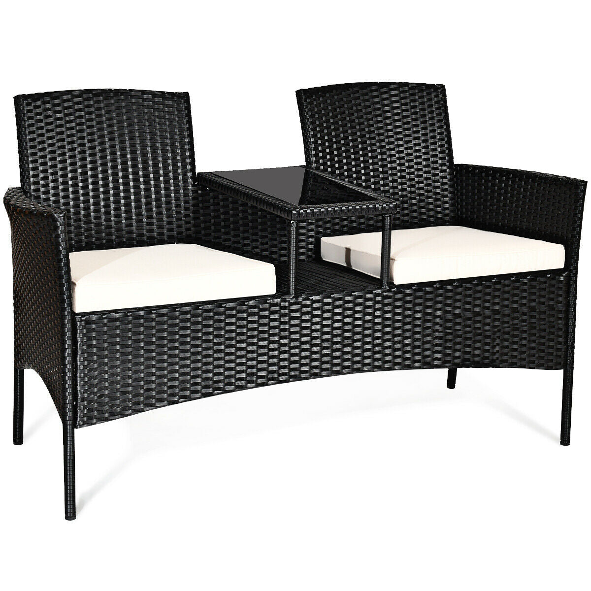 Wicker Patio Conversation Furniture Set with Removable Cushions and Table-Red - White