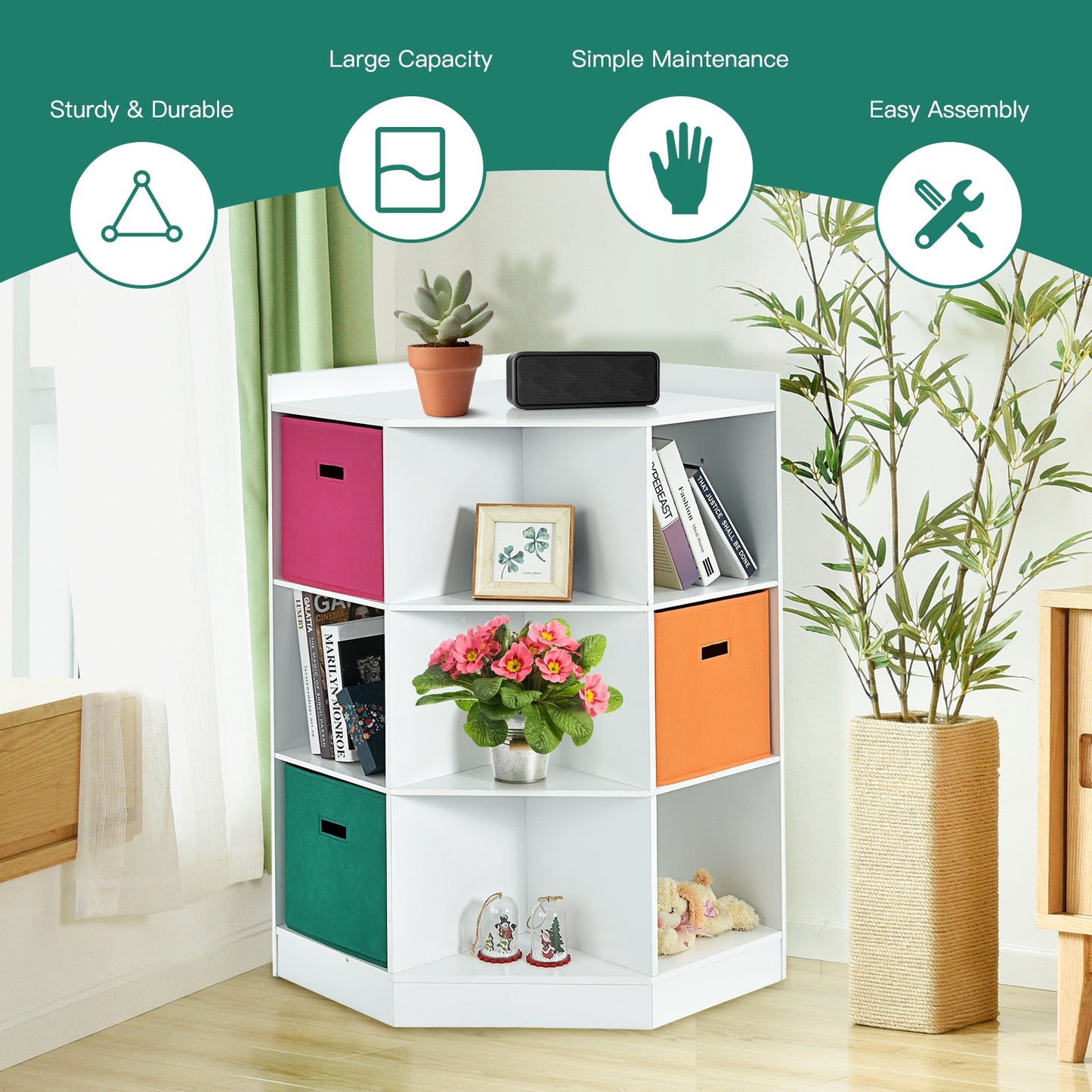 3-Tier Kids Storage Shelf Corner Cabinet with 3 Baskets-White - White