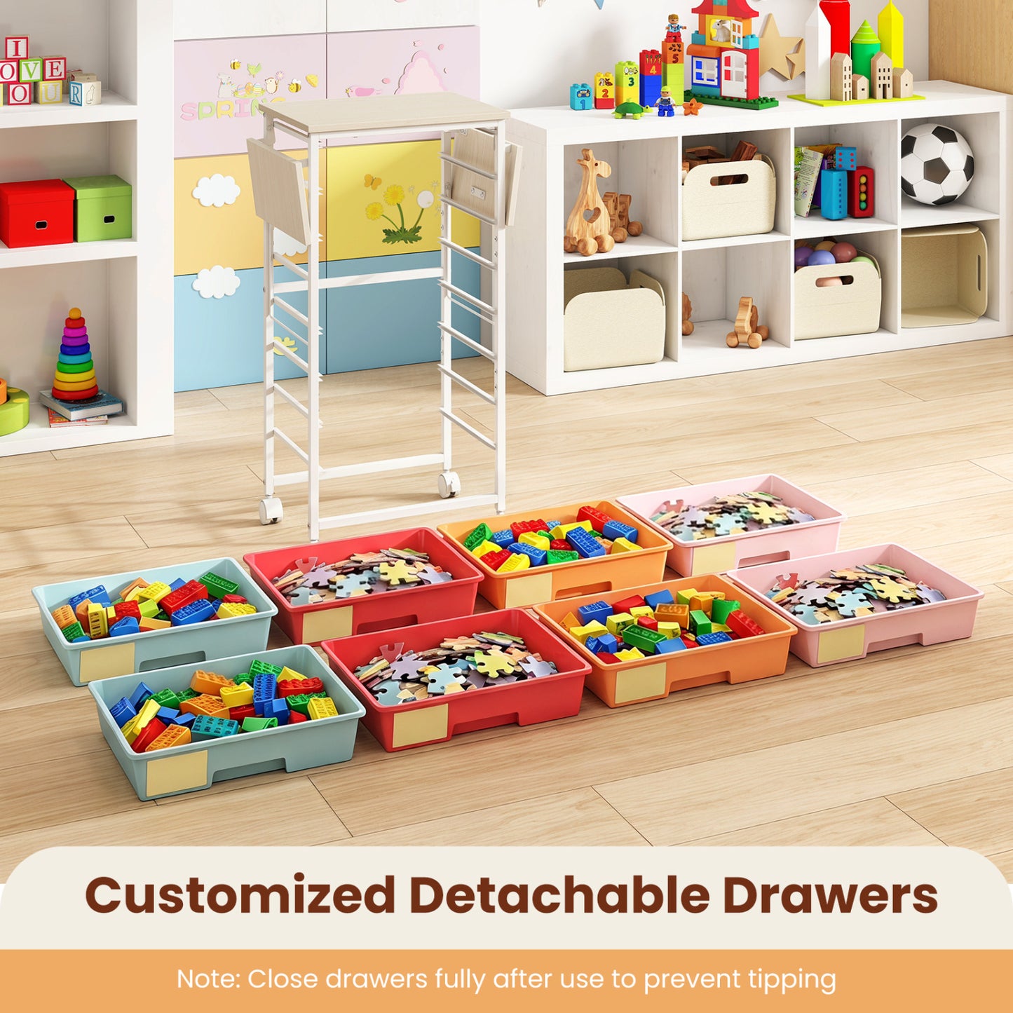 8-Drawer Rolling Storage Cart with Wooden Tabletop