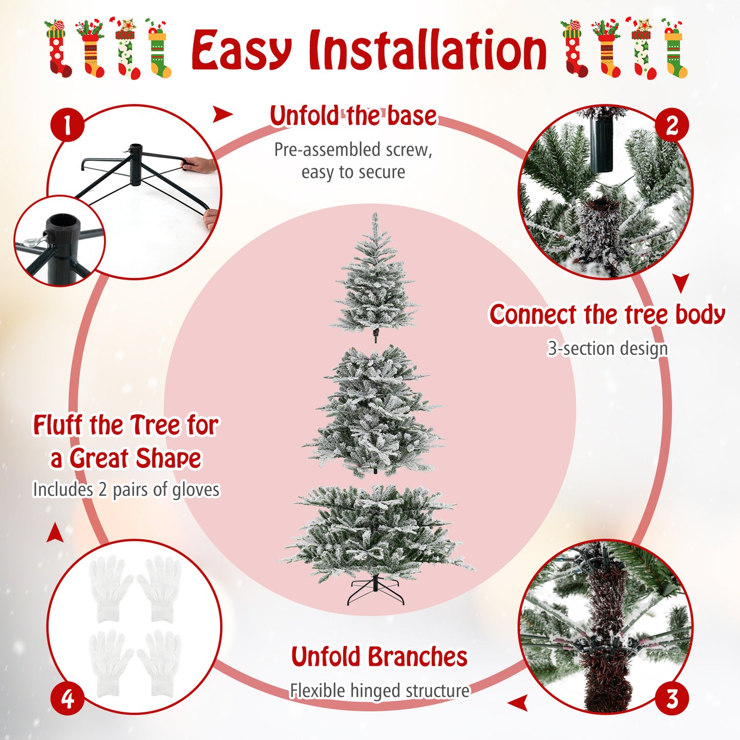 8 Feet Snow Flocked Artificial Christmas Tree with Cool White LED Lights