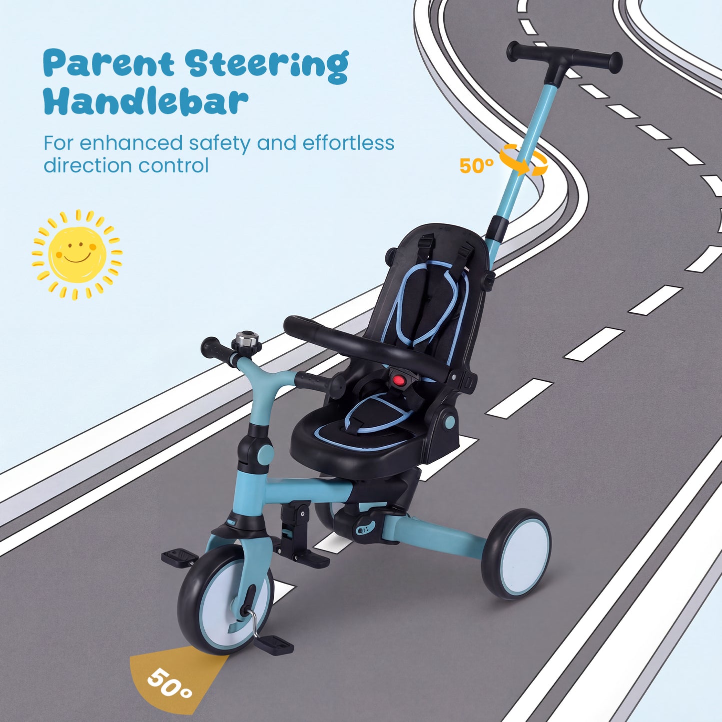 8-in-1 Folding Kids Tricycle with Removable Canopy and Push Handle-Blue