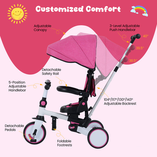 8-in-1 Folding Kids Tricycle with Removable Canopy and Push Handle-Pink