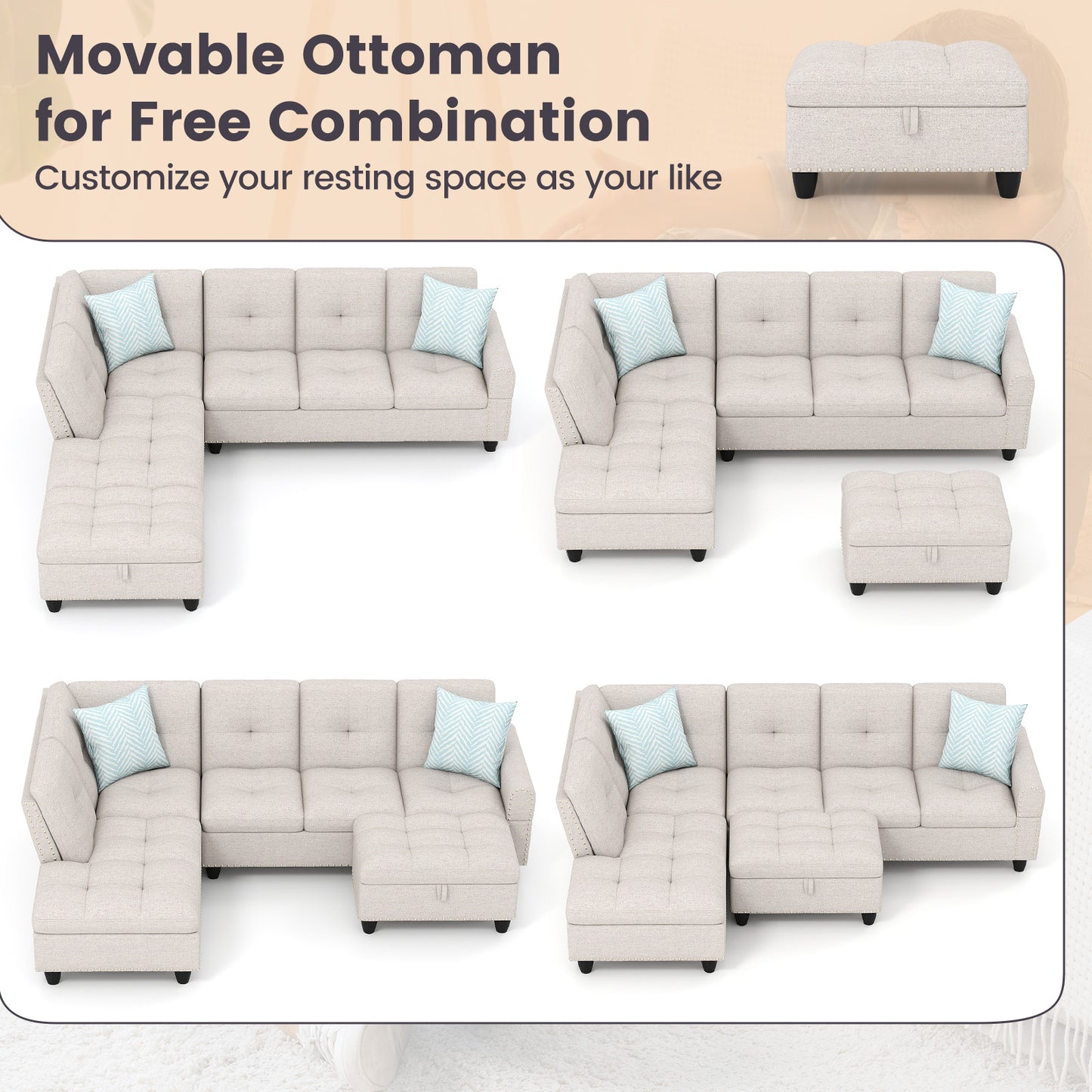 98 Inches Sectional Sofa Couch with Movable Storage Ottoman and Linen Fabric Backs-LR