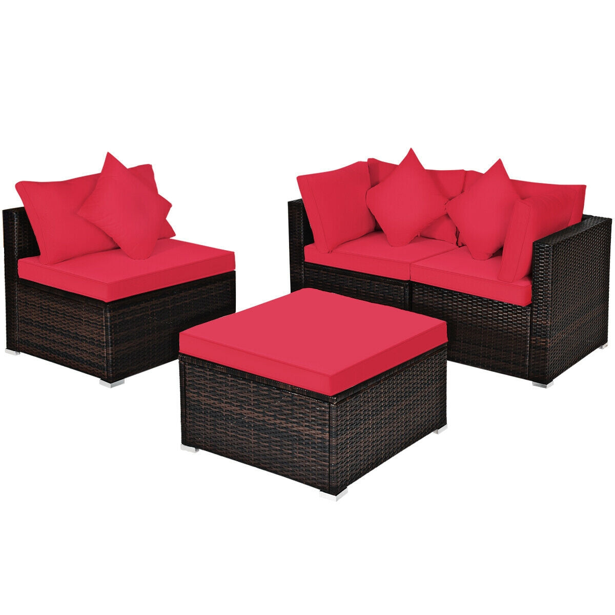 4 Pcs Ottoman Garden Deck Patio Rattan Wicker Furniture Set Cushioned Sofa-White - Red