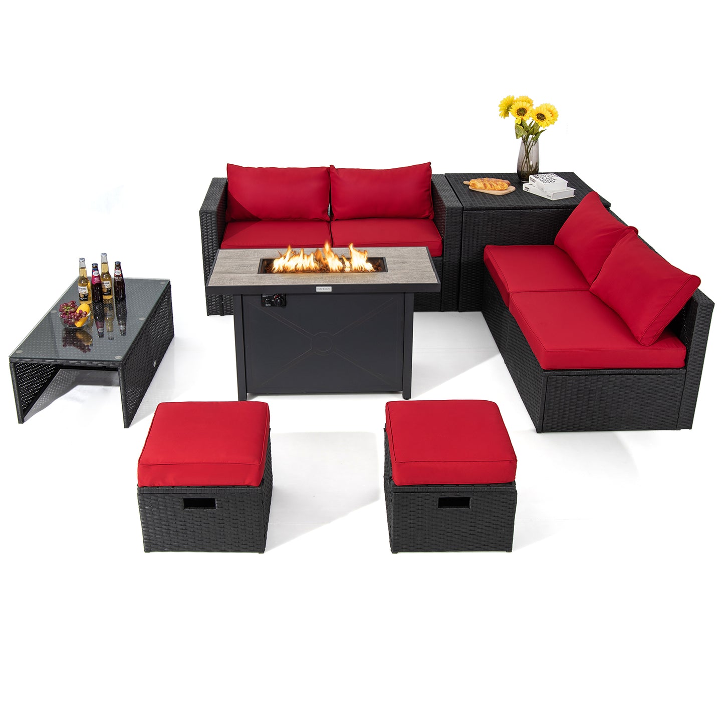 9 Pieces Outdoor PE Rattan Wicker Sectional Sofa with 42 Inch 60 000 BTU Gas Fire Pit Table-Navy - Red