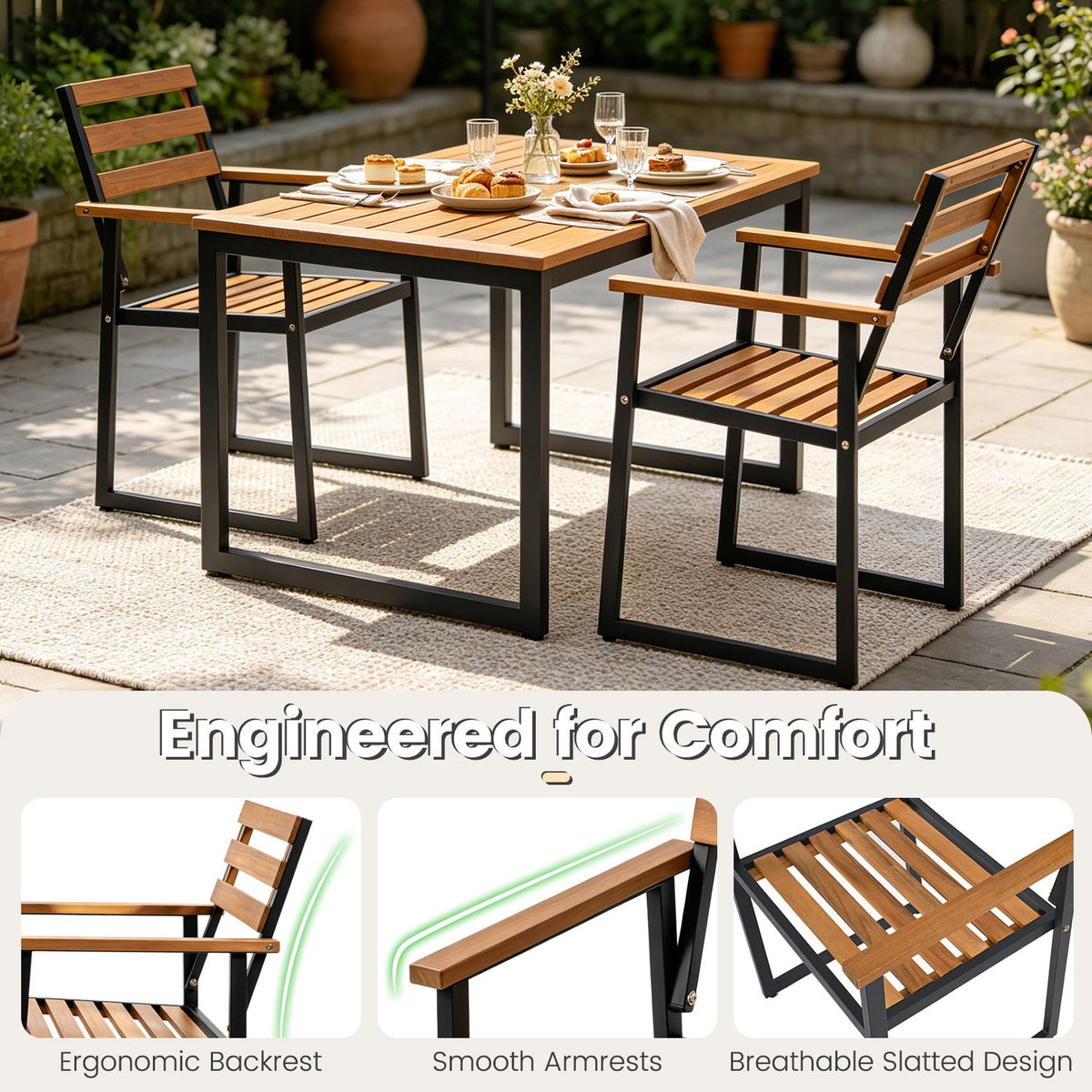 Acacia Wood Outdoor Dining Chairs Set of 2 with Heavy-Duty Metal Frame
