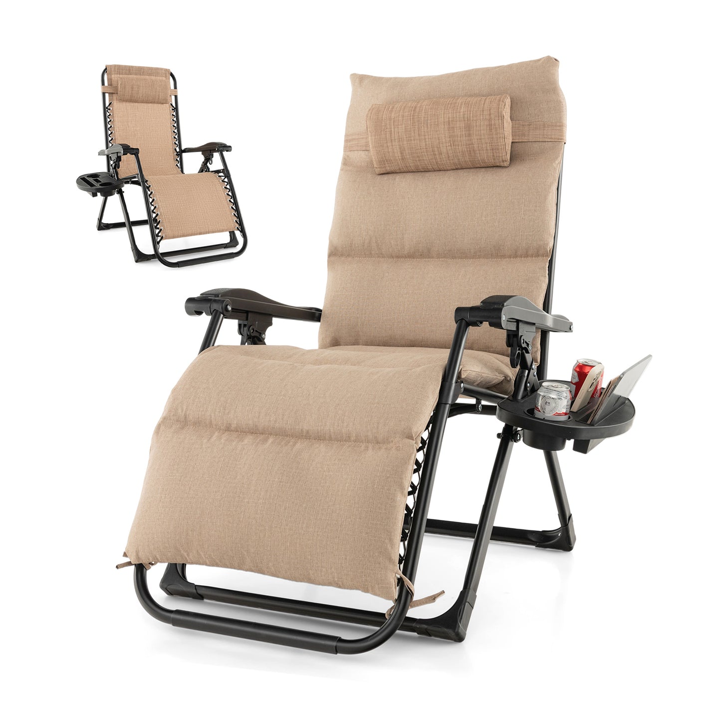 Adjustable Metal Zero Gravity Lounge Chair with Removable Cushion and Cup Holder Tray-Gray - Beige