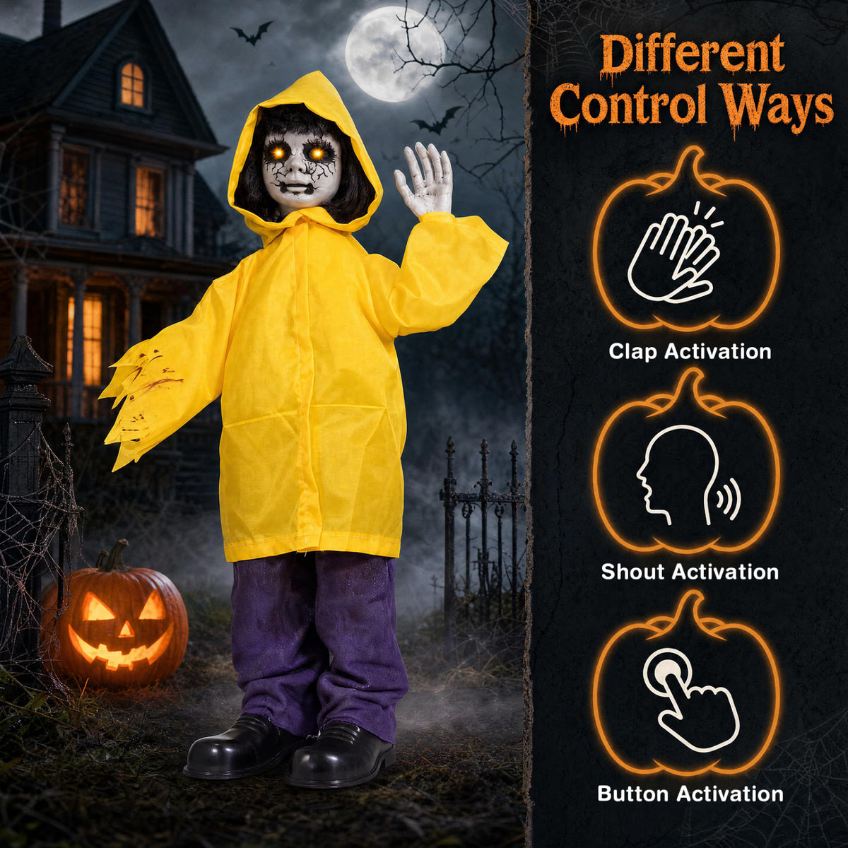 Animatronic Haunted Boy Prop with Light Up Eyes & Sound