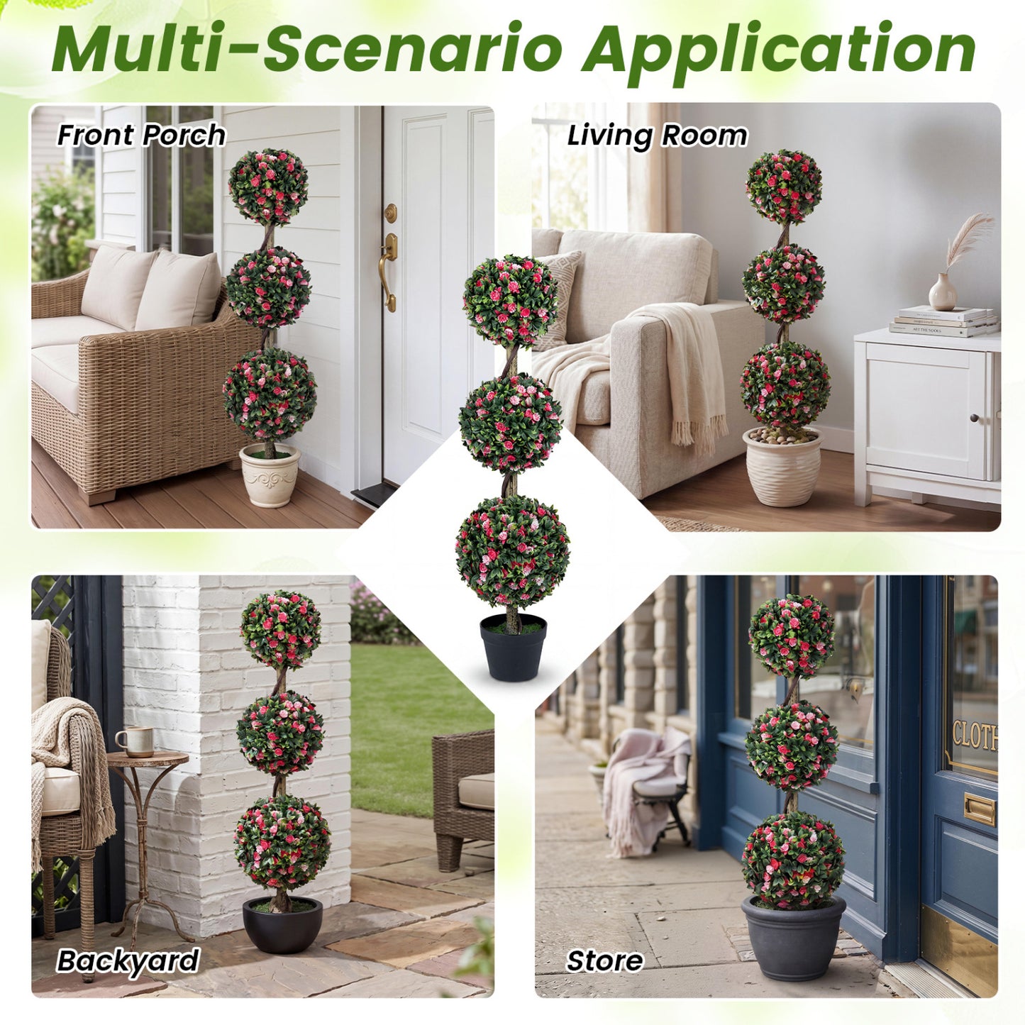 Triple Ball Rose Topiary Tree 43.5" with Lifelike Blooms