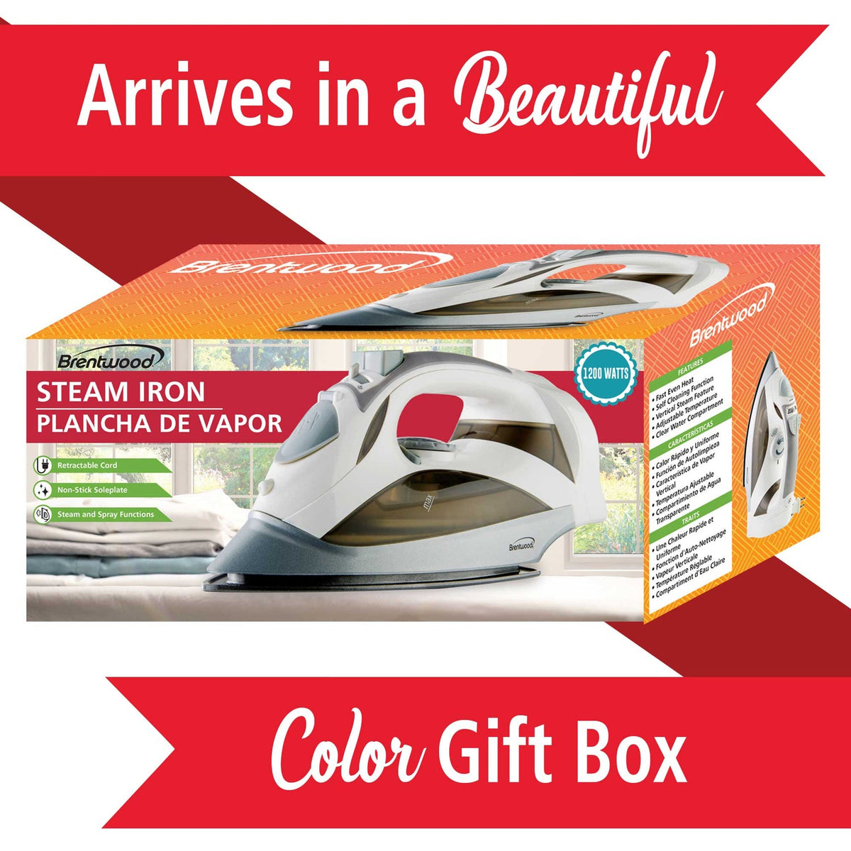 Brentwood 1,200W Nonstick Steam Iron with Retractable Cord - White - view 7