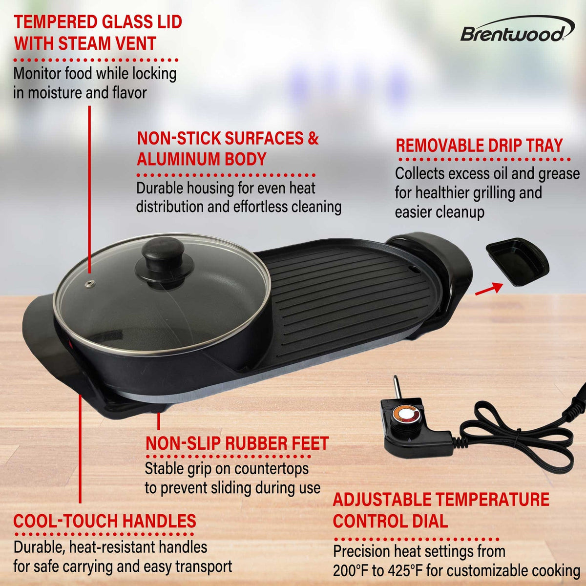 Brentwood 1,200W 2-Sided Electric Hot Pot and Korean BBQ Grill, Black - view 8