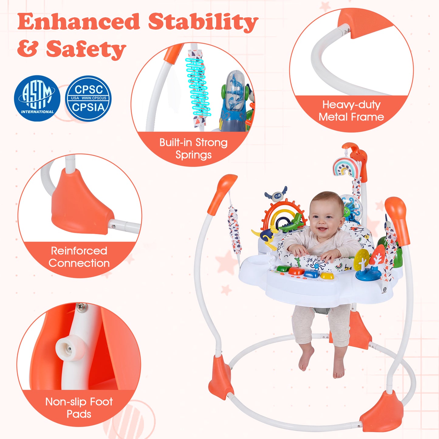 Baby Activity Center Baby Jumper and Bouncer with 6 Interactive Toys Lights and Music-Orange