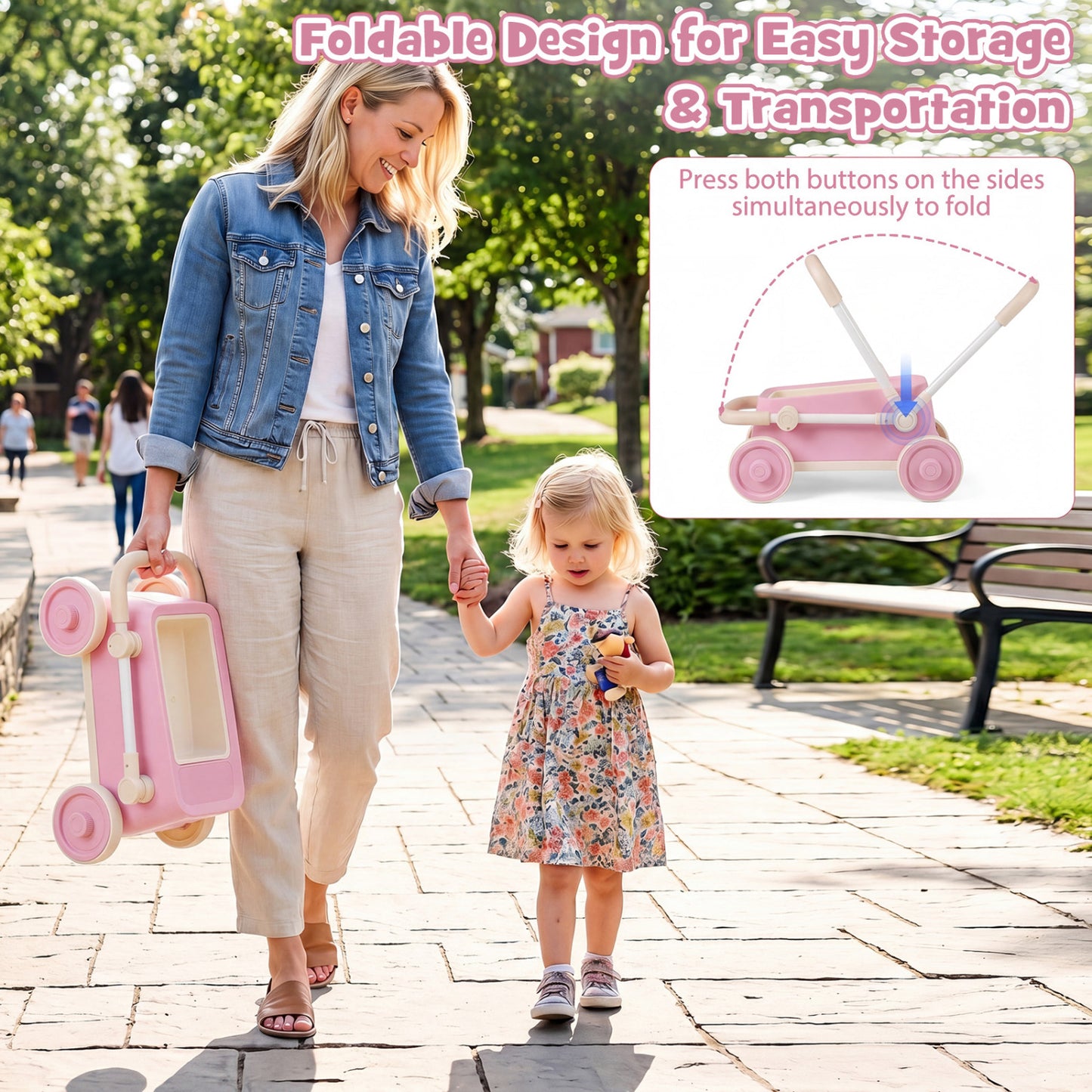 Push Walker with Storage Basket and Foldable Handle